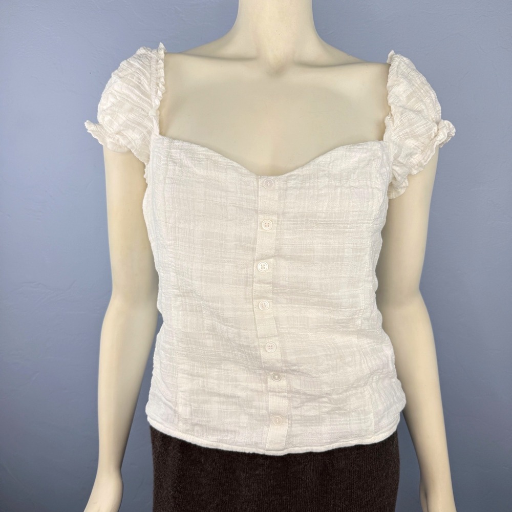 Idyllwind Button Up Top Womens Large White Smocked Back Puff Sleeve Blouse